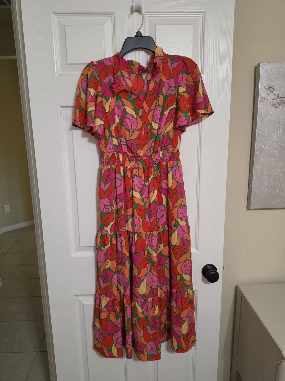 Source Unknown Pink and Orange Floral Tie-Neck Midi Dress